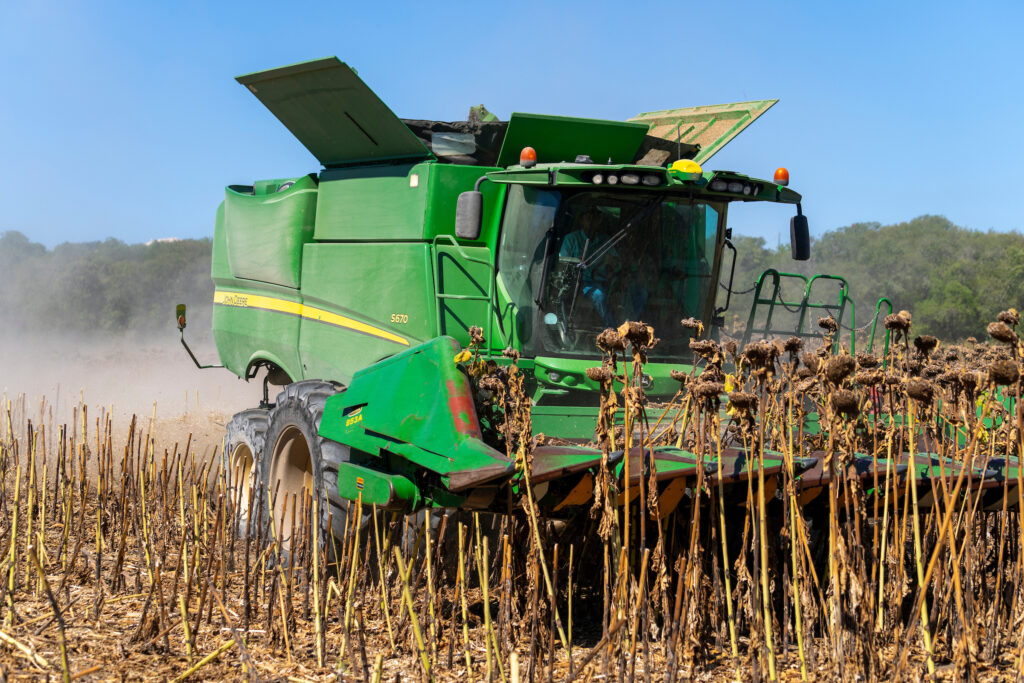 Combine harvesting a crop in a field.